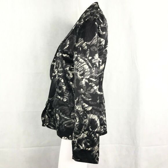 Chicos Blazer Jacket‎ Womens Sz 2 12 Large Black Pattern Tafetta Silk Cotton - Picture 3 of 11
